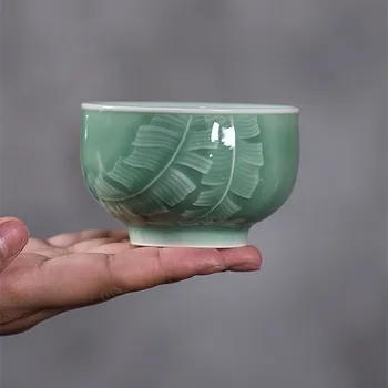 Çin Kung Fu Çay Fincanı 1 ADET Düz Fincan 4 oz Seramik Bardak 130 ml El Yapımı Seladonlar Porselen Drinkware Dekor Muz Yaprağı