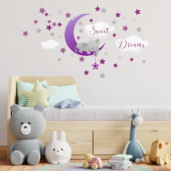 Karikatür Küçük Fil Yıldız Ay Duvar Sticker Oturma Odası Yatak Odası Çocuk Odası Zemin Dekoratif duvar çıkartmaları