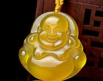 Moda doğal el oyması sarı kalsedon gülümseyen Buda kolye