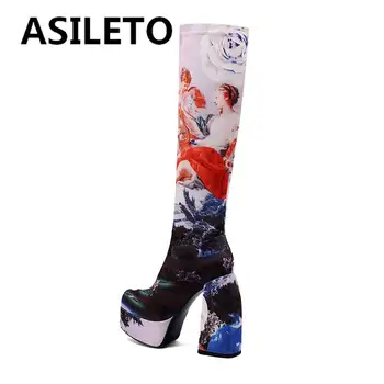 ASILETO 2022 Moda Bayan Botları Pamuklu Kumaş Tıknaz Topuklu Fermuar Platformu Baskı Çiçek Artı Boyutu 34-44 Karışık Siyah S3966