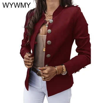 WYWMY Vintage Blazer Kadın Ceket Sonbahar Düğme Düz Renk Zarif Uzun Kollu İnce Göğüslü Küçük Blazer Dış Giyim Streetwear
