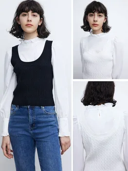 2022 Bahar Yeni Ürünler kadın Kore Bayanlar Mizaç Dikiş Ruffled Yaka Sıkı Örgü tişört