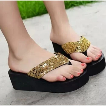 Kadın Flip Flop Yaz EVA Rahat Sequins Kaymaz Terlik platform sandaletler Plaj Burnu açık ayakkabı Bayan Takozlar Ayakkabı