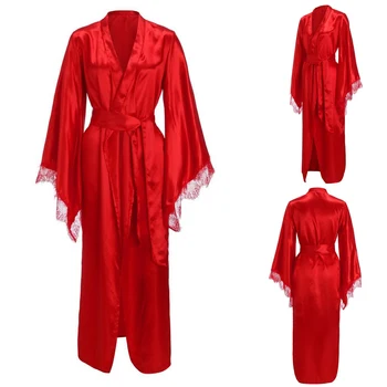 2022 Kırmızı Uzun Bornoz Dantel Kadın Kat Uzunluk İç Çamaşırı Gecelik Pijama Pijama kadın Lüks Önlük Ev Tekstili Kıyafeti