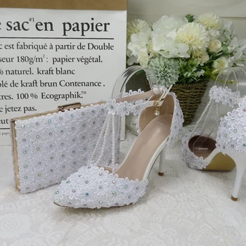 BaoYaFang 9 cm Ince Topuk Ayak Bileği kayışı ayakkabı kadın Inci beyaz folwer düğün ayakkabı ve çanta Sivri Burun Bayanlar Parti elbise ayakkabı