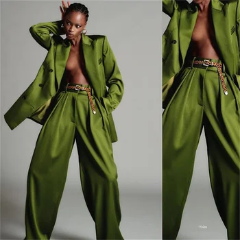 Avokado Yeşil Kadın Takım Elbise 2 Adet Blazer Leopar Kemer Gevşek Ceket + Geniş Bacak Pantolon Moda Özel Parti Balo Elbise
