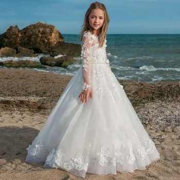 Yeni Beyaz İlk Communion Elbise Balo Prenses Uzun Kollu Çiçek Kız Elbise Pageant Balo Abiye