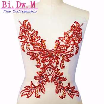 Bi.Dw.M İnce İşçilik Boncuklu 32x39cm Kırmızı Dikiş Taklidi Kristal Aplike Yamalar Düğün Gelin Elbise Dekorasyon Dıy