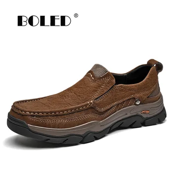 Doğal Deri erkek ayakkabıları Açık Loafer'lar Moccasins Yumuşak Kayma Platformu Flats Ayakkabı El Yapımı Su Geçirmez yürüyüş ayakkabısı Erkekler
