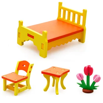 Çocuk Çocuk DIY Eğitici Oyuncak Ahşap 3D Montaj Bulmaca Ev Masa Sandalye Dresser Oyuncaklar Modeli Yüksek Kalite 1 Takım