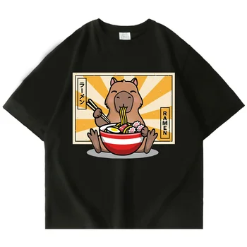 Komik Ramen Capybara T Shirt Hayvan Anime Grafik T-shirt Erkekler Kadınlar Büyük Boy Karikatür Tees Çiftler Harajuku Streetwear Tshirt