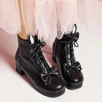 COOLULU 2020 Rahat Lolita Çizmeler Kadın yarım çizmeler Lace Up Tüm Maç Kare Orta Topuk Kışlık Botlar Rockabilly Ayakkabı Boyutu 34-45