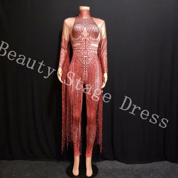 Glisten Kristaller Kırmızı Tulum Seksi Uzun Püskül Kadın Kıyafeti Gece Kulübü Kadın Şarkıcı Kostüm Sahne Dans DS Performans Giyim