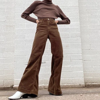 Streetwear Kahverengi Yüksek Bel Kadife Flare pantolon Kadın Kış Moda 2020 Harajuku Pantolon Haki eşofman altı Kadın Capri