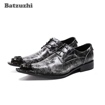 Batzuzhi Moda erkek ayakkabıları Sivri Burun Metal Ucu Deri Elbise Ayakkabı Dantel-up Sapato Masculino İş Parti Erkek deri ayakkabı