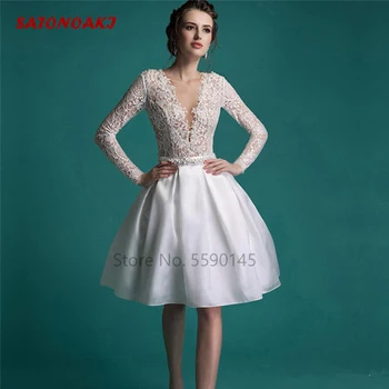 2022 Yeni Vintage Kısa Dantel düğün elbisesi Diz Boyu V Yaka İnci Uzun Kollu gelin kıyafeti Vestidos De Noiva Elbise Mariée Özel
