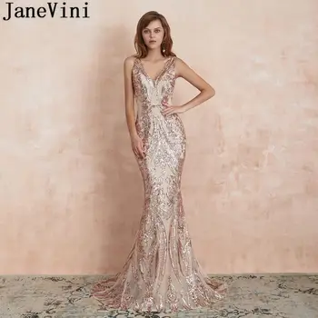 JaneVini Bling Bling Altın Payetli Örgün Abiye Mermaid Uzun V Boyun Kat Uzunluk Sparkle Bayan Akşam elbise Parti Giyim
