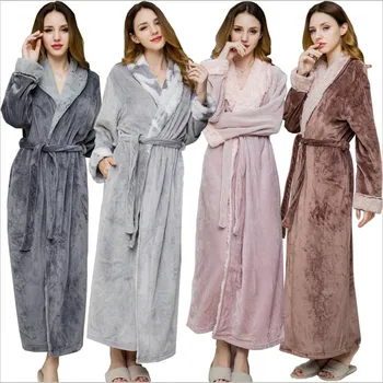 Düz Renk Uzun Kollu Yaka Elbise Gecelik Kalınlaşmış Bornoz Hırka Kimono Uyku Elbise Pazen Ev Giyim Gecelik