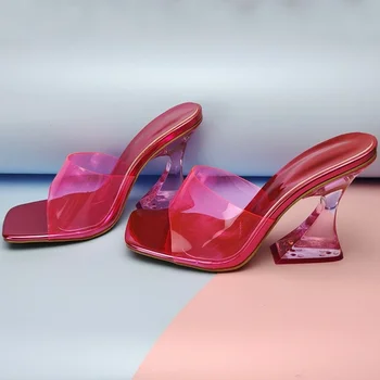 2022 Şeffaf PVC Kadın Terlik Moda Kare ayak Fincan topuklu Yaz Kadın Katır Slaytlar Yüksek topuklu Sandalet Ayakkabı
