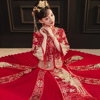 Lüks Rhinestones Nakış Phoenix Püskül Evlenmek Qipao Geleneksel Çin Gelin düğün elbisesi Cheongsam Robe De Mariée