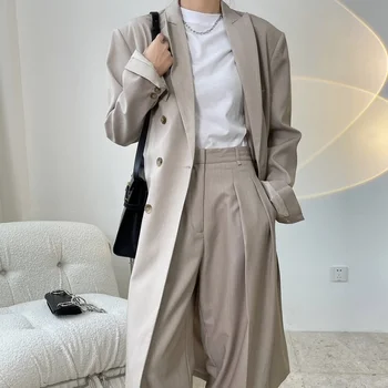 Sonbahar 2022 Yeni Bayan Kore Tarzı Takım Elbise Siper Turn-Aşağı Yaka Kruvaze Gevşek Düz Kadın Moda Rahat Uzun Ceket