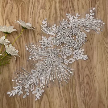 Nakış İnci Kristal Kumaş Aplike Yaka Çiçek Aksesuarları düğün elbisesi İşlemeli Kumaş Aplike