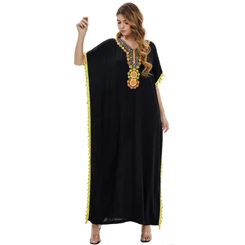 21021 Yeni Moda Müslüman kadın Avrupa, Orta Doğu Baskı Elbise Büyük Boy Gevşek Streç Dubai Elbiseler Müslüman Elbise Kaftan