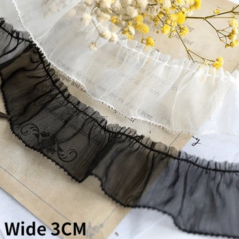 3CM Genişliğinde Beyaz Siyah Şifon Pilili Kumaş Saçak Şerit Kirpik Kenarları Trim Bebek Giysileri Elbise Gipür DIY El Sanatları Dikiş Dekor