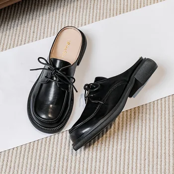 Kadın Katır Terlik Yuvarlak Ayak Lace Up Flats ayakkabı Moccasins üzerinde Kayma Siyah Beyaz Loafer Zapatos Mujer Artı Boyutu 43 Zapatos Mujer
