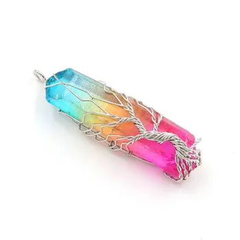 FYJS Benzersiz Takı Gümüş Kaplama Tel Sarma Hayat Ağacı Düzensiz Şekil Kristal Boyalı Renkli Kolye