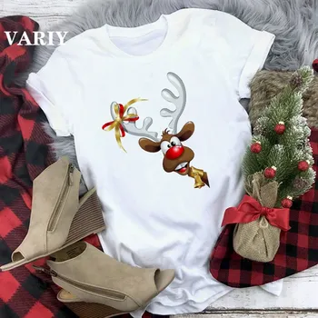 Ren geyiği T shirt Kadın Moda Noel Tshirt Kadın Noel Baba Kısa Kollu Grafik tee kadın Gömlek Tops Punk