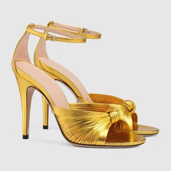 MKKHOU Moda SandalsWomen 2020 Yaz yeni altın peep-toe dantel stiletto topuk 12cm yüksek topuk açık ayakkabı Kadın ayakkabı boyutları 34-45