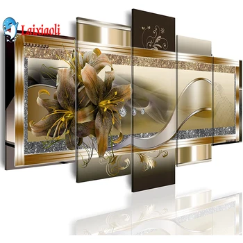 5 adet Altın zambak çiçeği diy elmas resim sergisi tam taklidi nakış satış 5d mozaik resim Modern arka plan duvar dekorasyonu