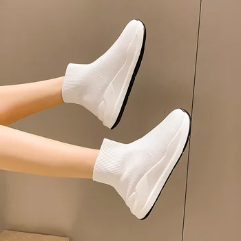 Örme Çorap Çizmeler 2023 Kış Yeni Moda Açık Uçan Dokuma Platformu Kırmızı bayan Botları Rahat kaymaz Slip-on Örgü Çizmeler
