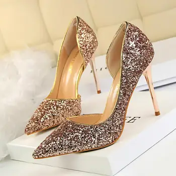 BIGTREE Ayakkabı Kadın Yüksek Topuklu Seksi Sequins Bayanlar Pompaları Parti Düğün Ayakkabı Altın Gümüş Artı Boyutu 34-43 Kadın Ayakkabı Topuklu 9.5 CM