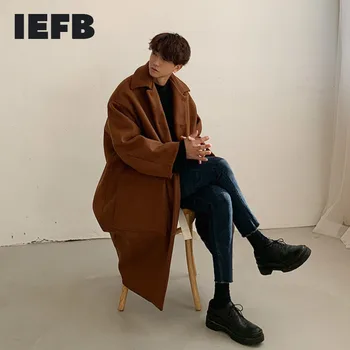 IEFB erkek Kış Kore Trend Kalınlaşmış Yün Ceket Orta Uzunlukta Turn Down Yaka Ins Diz Üzerinde Gevşek Rüzgarlık Moda 9Y8448