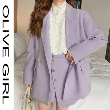 Tanrıça Kadınlar Mor Blazer Ceket Rahat iş elbisesi Vintage Ofis Bayan Moda Cepler Uzun Kollu Takım Elbise Blazers + Şort Kadın