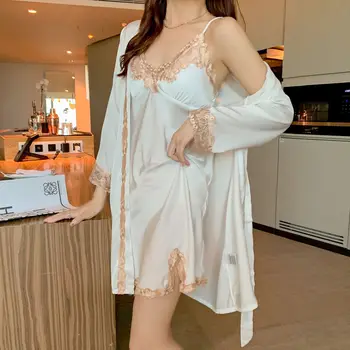 Seksi Dantel 2 Adet Kimono Bornoz Seti Kadın Kısa Bornoz Elbisesi Rahat Saten Pijama Gecelik Rahat Gecelik Samimi İç Çamaşırı