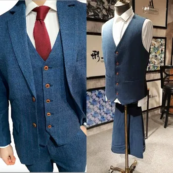 Yün Mavi Balıksırtı Erkek Takım Elbise Retro Beyefendi Tarzı Custom Made Terzi Suit Blazer Düğün iş elbisesi (Ceket + Pantolon + Yelek)