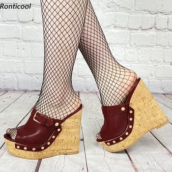 Rontıcool Yeni Şık Kadın Katır Sandalet Çiviler Takozlar Topuklu Peep Toe Muhteşem Bordo parti ayakkabıları ABD Boyutu 5-20