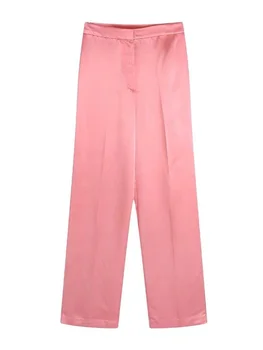 TRAF Kadınlar 2022 Moda Düz Renk Düz Fit saten pantolon Vintage Yüksek Bel Fermuar Fly Kadın Pantolon Streetwear