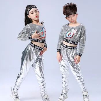 Bazzery Yeni Çocuk Modern Caz Dans Hip Hop Kostüm Erkek Kız Payetli Amigo Performans Elbise Sahne Giyim