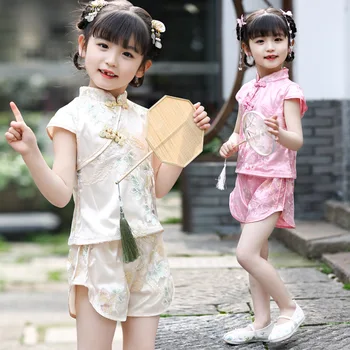 Yaz Kızlar Çin Ulusal Tarzı Çiçek T-Shirt + şort Setleri Kız Öğrenci Gelenek Takım Elbise Tatil Retro Performans Elbise
