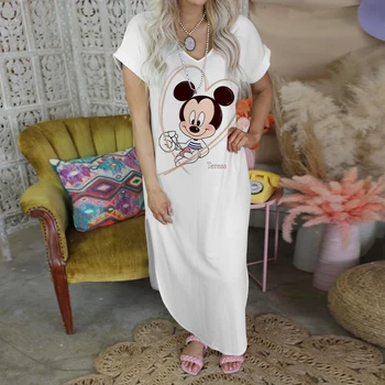 Kadınlar için parti Elbiseler 2022 Mickey Elbise Disney Minnie Mouse Bölünmüş Etek V Yaka Elbise Zarif Rahat kadın elbiseleri Baskı Seksi