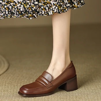 Kanseet 2023 Bahar Yeni kadın Pompaları Özlü Hakiki deri ayakkabı Rahat El Yapımı Slip-On Orta Topuk kadın ayakkabıları Büyük Boy 42