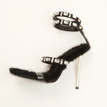 Burnu açık Vizon Kürk Kadın Sandalet Kristaller Yüksek Topuk Pompaları Ayak Bileği Sapanlar Parti Stiletto Ayakkabı Bayanlar İçin