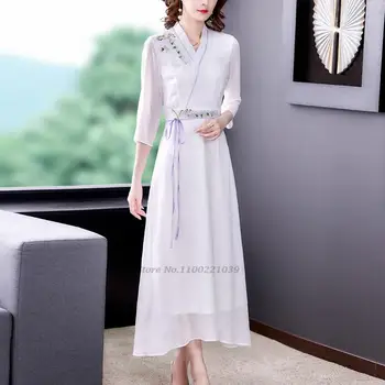 2022 vintage geliştirilmiş hanfu elbise kadınlar ulusal çiçek nakış şifon elbise zarif gece elbisesi vestido oryantal qipao