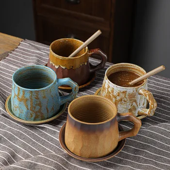 Japon Vintage Çömlek Bardak Tabakları ve Kaşık Yaratıcı El Yapımı Kahve çay bardağı Seti Sofra Benzersiz Hediye Arkadaşlar İçin