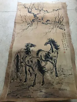 Çin Eski Kaydırma Xu Beihong Ağacı Gölge Üç Atlar Boyama Pirinç
