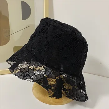 Fransız Tarzı Zarif Bayanlar Yumuşak Kova Şapka Beyaz Siyah Dantel tığ Çiçek güneşlikli kep Bahar Sokak Seyahat Katlanabilir fötr Şapka Kap